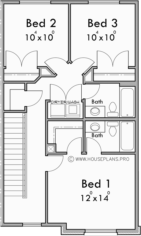Upper Floor Plan for F-641 4 plex town house, open floor plan, kitchen island, F-641