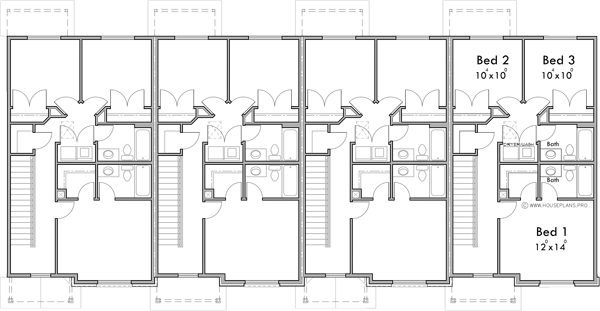 Upper Floor Plan 2 for 4 plex town house, open floor plan, kitchen island, F-641