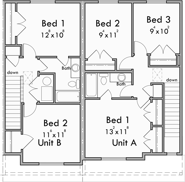 Upper Floor Plan for F-654 4 unit town houses, 2 and 3 bedroom units, front elevation, F-654