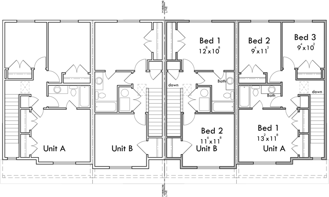 Upper Floor Plan 2 for Uncover the architectural beauty of our 4-unit townhouses, complete with 2 & 3 bedroom units and a front elevation that makes a statement. Envision your dream home now!