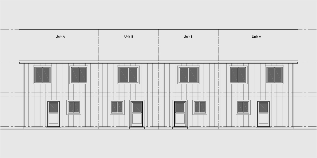 House side elevation view for F-654 4 unit town houses, 2 and 3 bedroom units, front elevation, F-654