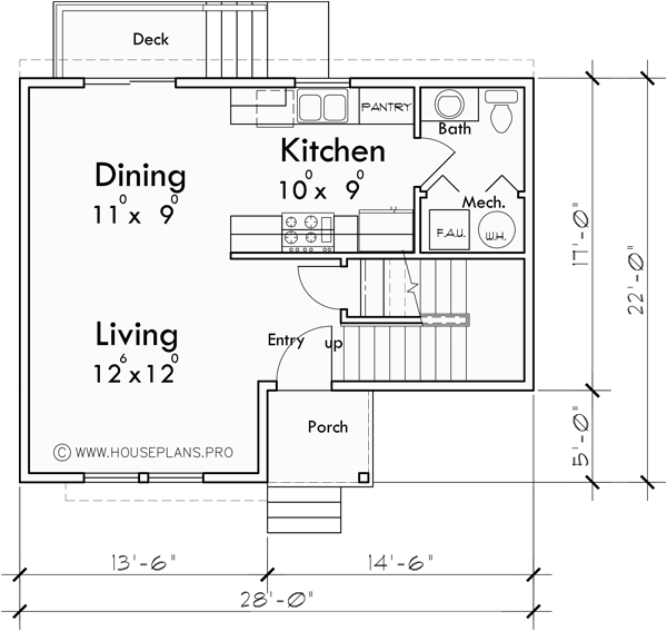 Main Floor Plan for T-437 Modern 2 bedroom triplex town house plan for sloped lots T-437