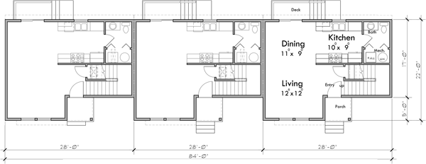 Main Floor Plan 2 for T-437 Modern 2 bedroom triplex town house plan for sloped lots T-437