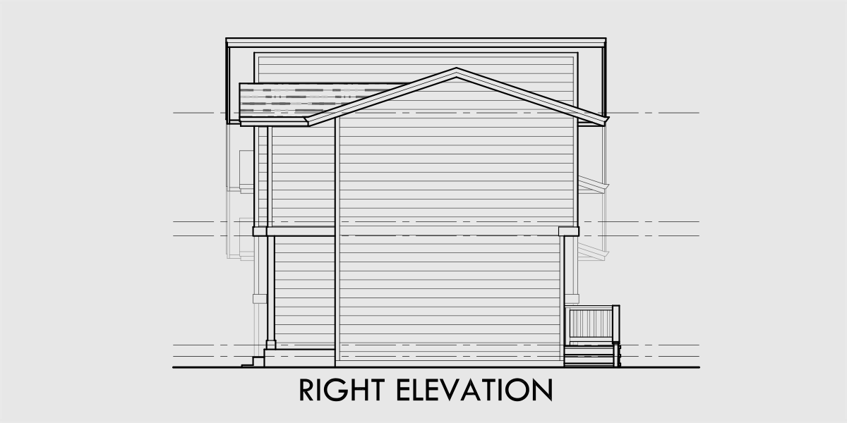 House rear elevation view for T-437 Modern 2 bedroom triplex town house plan for sloped lots T-437