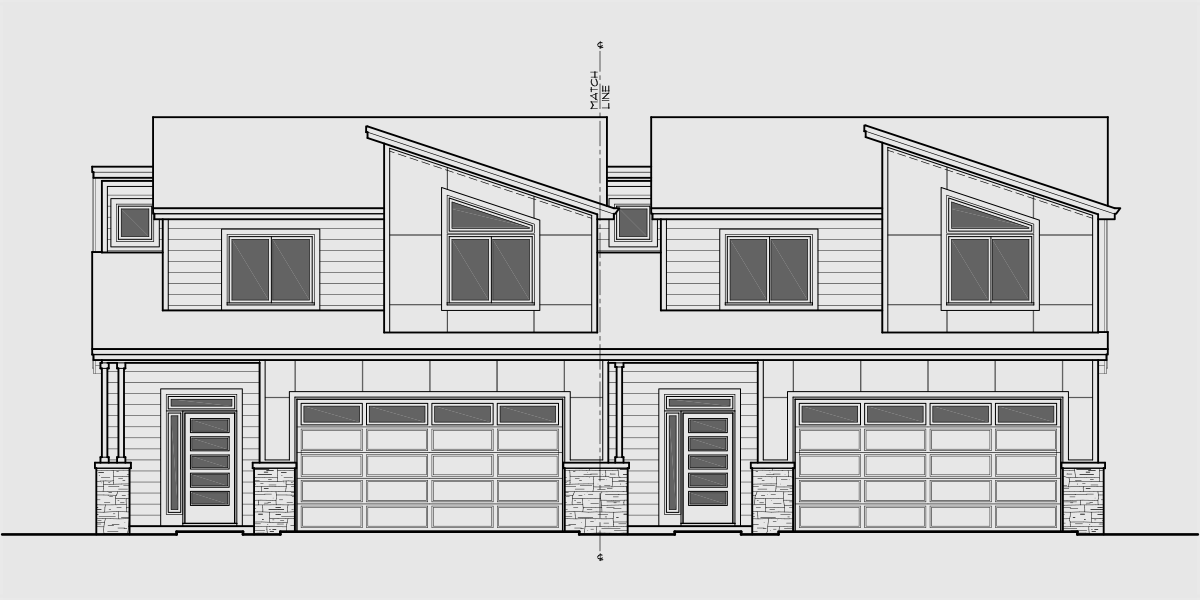 House front drawing elevation view for FV-658 Luxury town house plan, main floor master bedroom, two car garage, FV-658