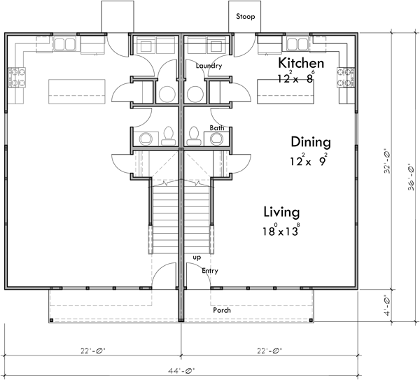 Main Floor Plan 2 for D-712 Invest in spacious and efficient living with our two-story, 3-bedroom duplex house plans. Architectural excellence awaits. Join us in building the future of housing! 