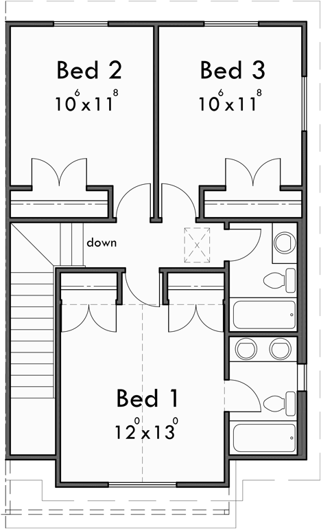 Upper Floor Plan for D-712 Invest in spacious and efficient living with our two-story, 3-bedroom duplex house plans. Architectural excellence awaits. Join us in building the future of housing! 