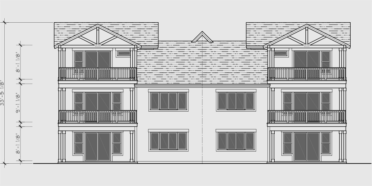 House rear elevation view for D-721 Jackson Hole luxury timber framed town house, main floor master, basement D-721