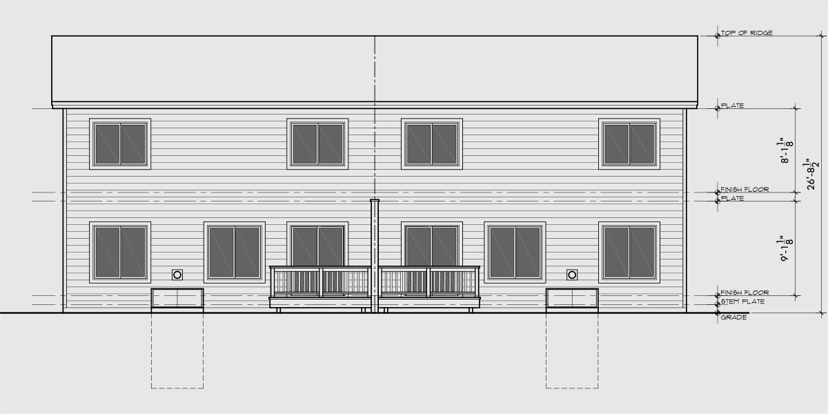 House rear elevation view for D-723 Basement duplex house plan with two car garage D-723