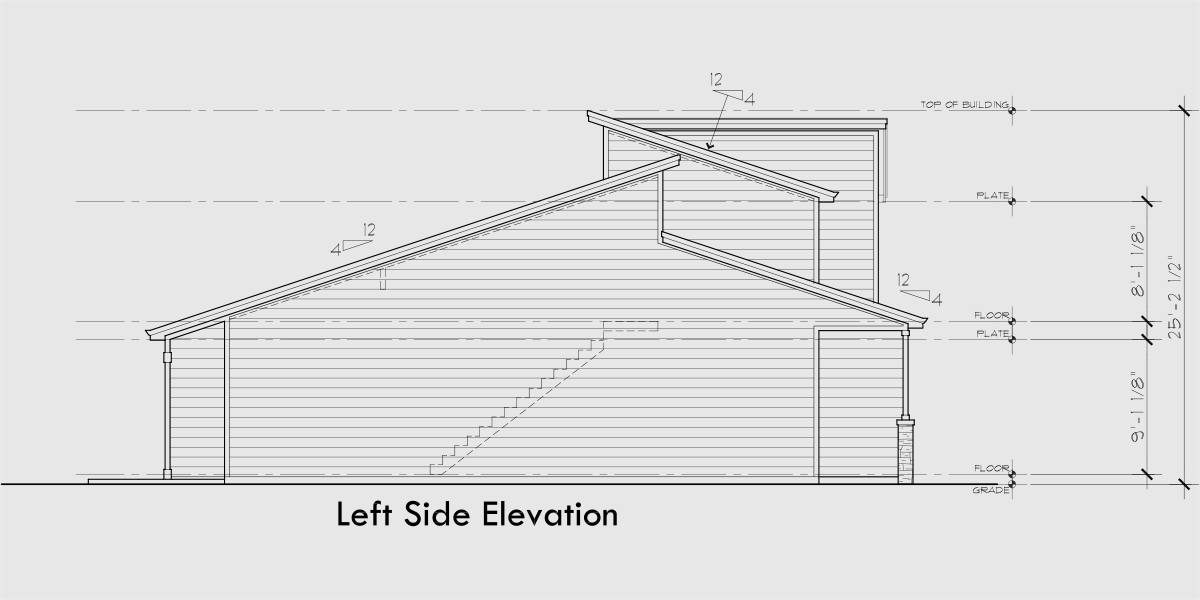 House rear elevation view for D-726 Luxury town house plan, main floor master bedroom, two car garage, D-726