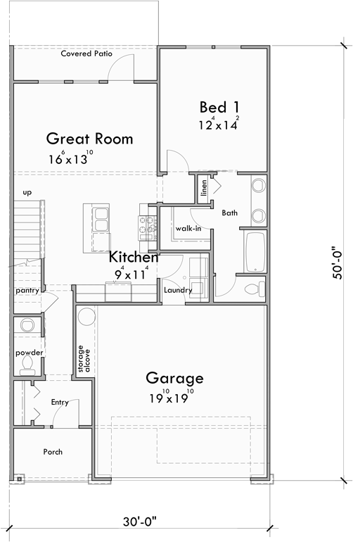 Main Floor Plan for D-726 Luxury town house plan, main floor master bedroom, two car garage, D-726