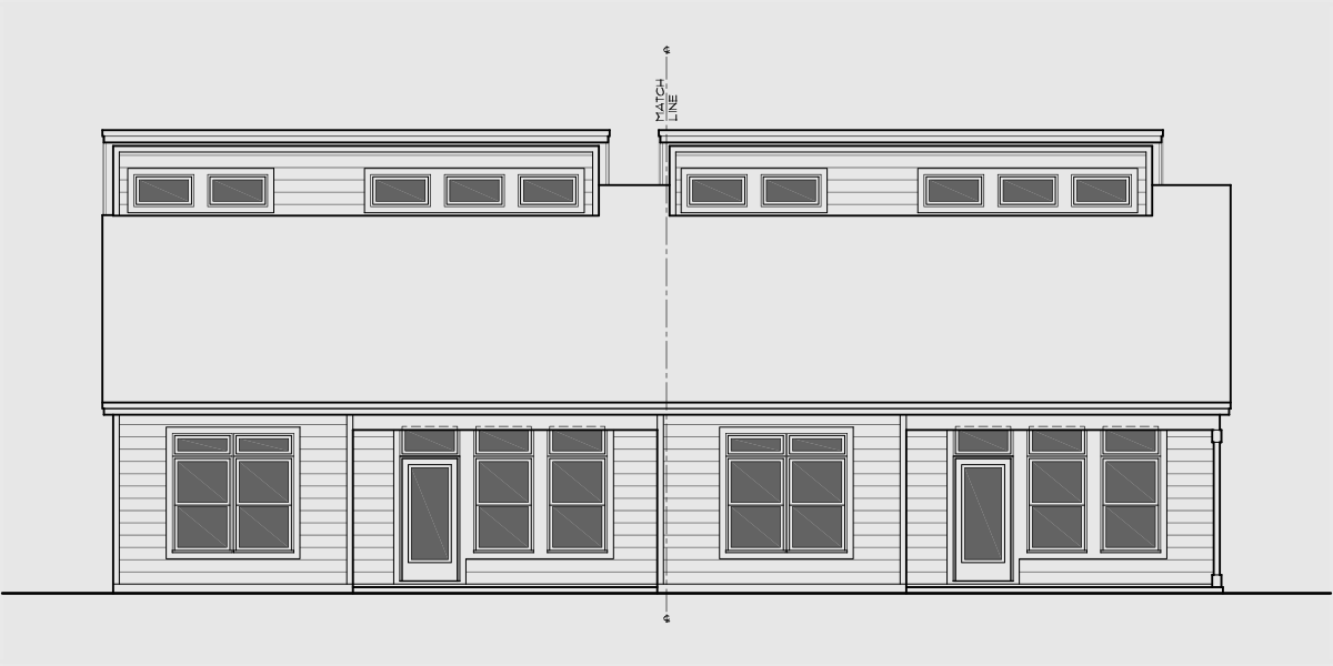 House side elevation view for D-726 Luxury town house plan, main floor master bedroom, two car garage, D-726