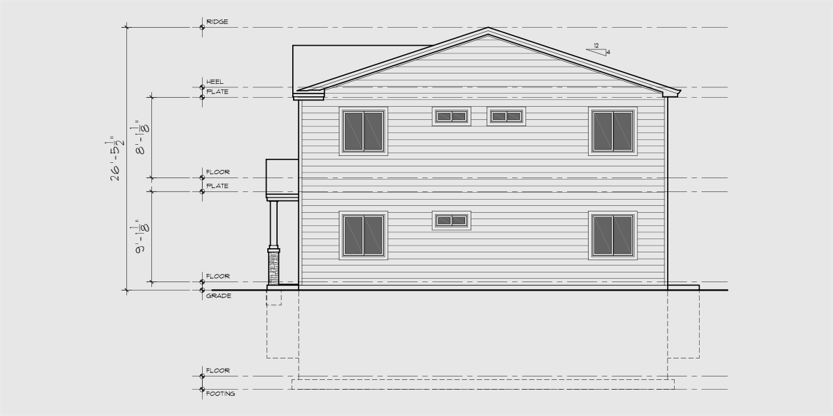 House rear elevation view for T-446 Town house plan, main floor master, basement, 4 bedroom, T-446