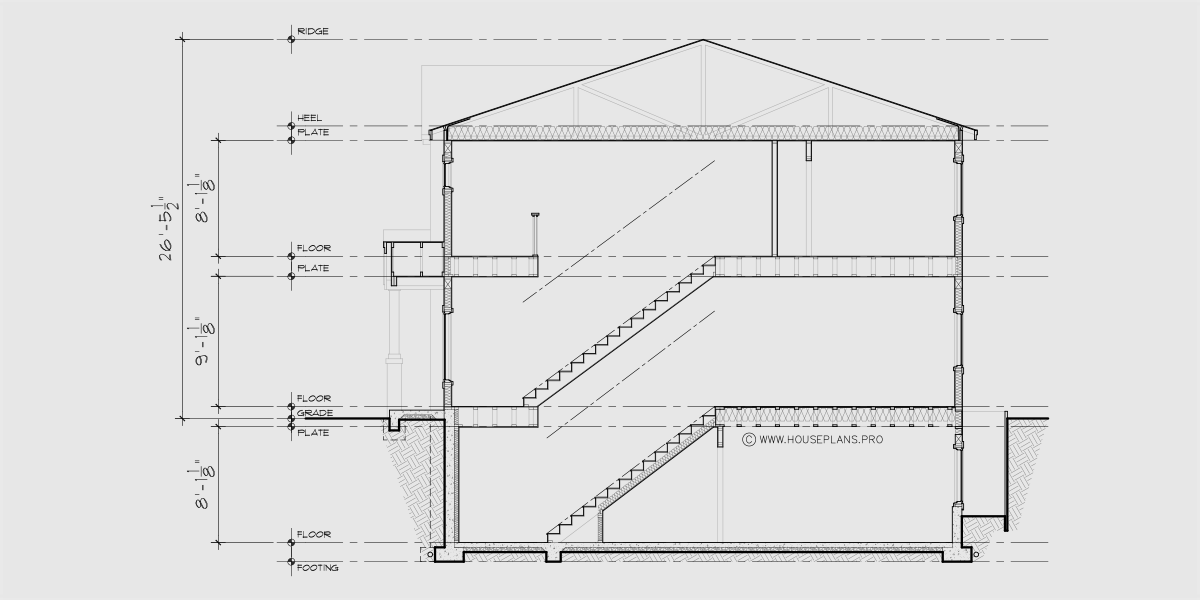 House rear elevation view for T-446 Town house plan, main floor master, basement, 4 bedroom, T-446