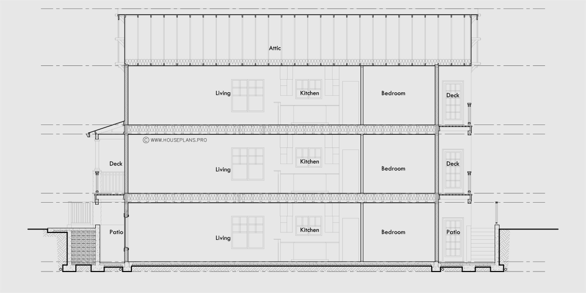 House rear elevation view for T-448 Stacked triplex 2 bedroom condo 6 bedrooms T-448