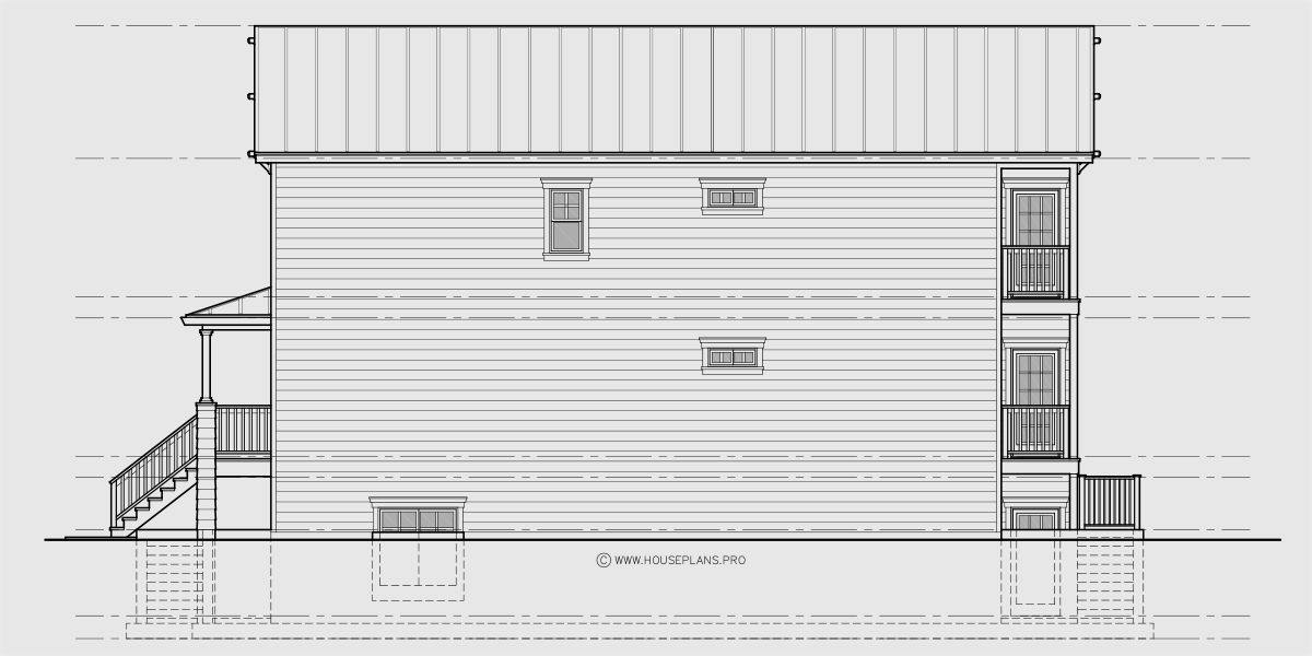 House rear elevation view for T-448 Stacked triplex 2 bedroom condo 6 bedrooms T-448