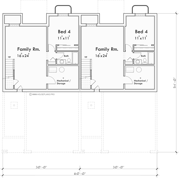 Basement Floor Plan for D-737 Invest in modern living with our luxury townhouse plans, complete with a master bedroom on the main floor and an oversized garage. Architectural excellence awaits. Join us in building the future of housing!