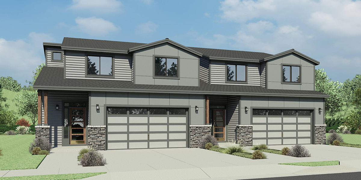 House front color elevation view for D-737 Luxury town house plan master bedroom on the main floor oversized garage D-737