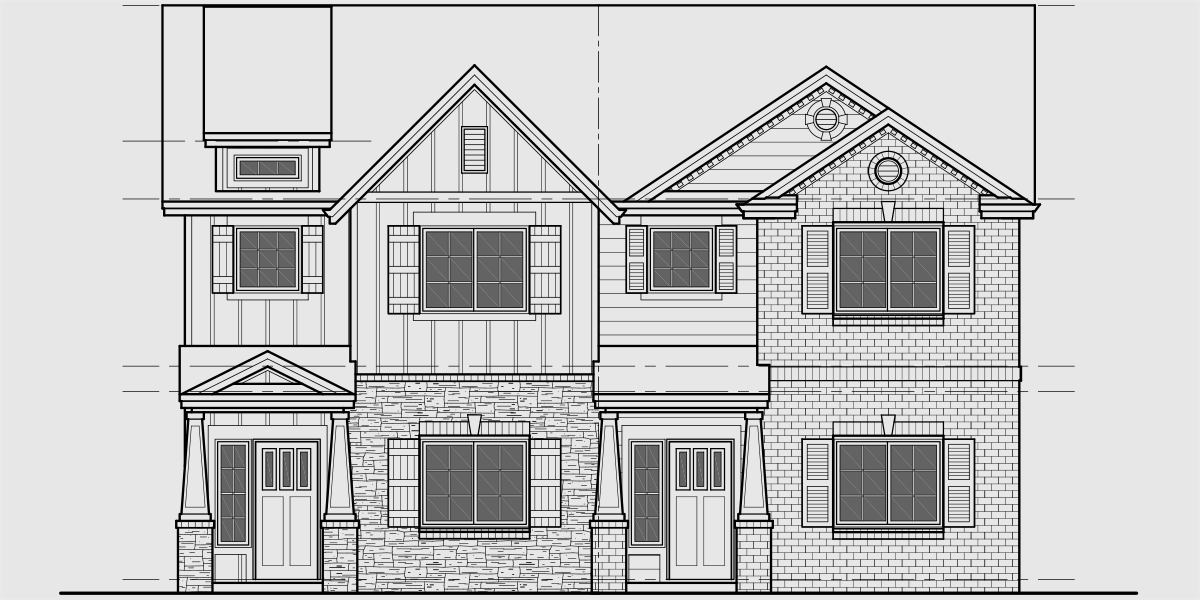 House front color elevation view for D-734 4 bedroom duplex house plan D-734