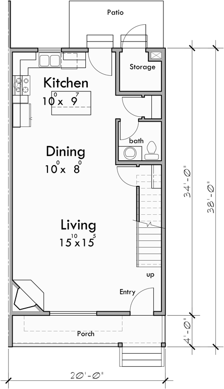 Main Floor Plan for F-664 20 ft wide town house plan two master bedrooms F-664