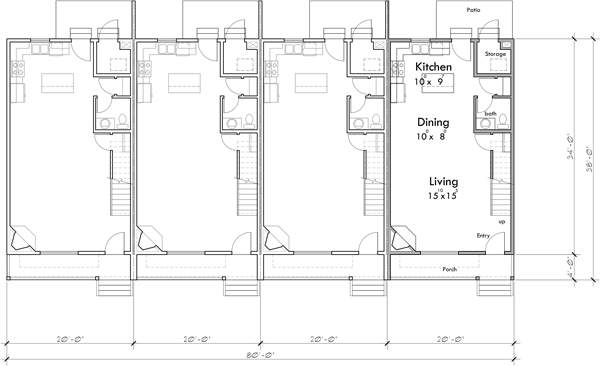 Main Floor Plan 2 for F-664 20 ft wide town house plan two master bedrooms F-664
