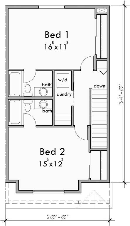 Upper Floor Plan for F-664 20 ft wide town house plan two master bedrooms F-664