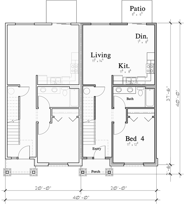 Main Floor Plan 2 for F-663 4 bedroom town house plan F-663