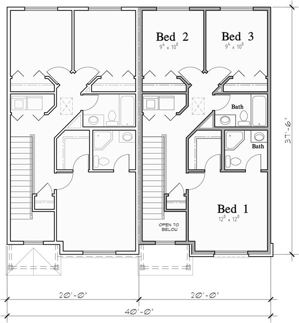 Upper Floor Plan 2 for 4 bedroom town house plan F-663