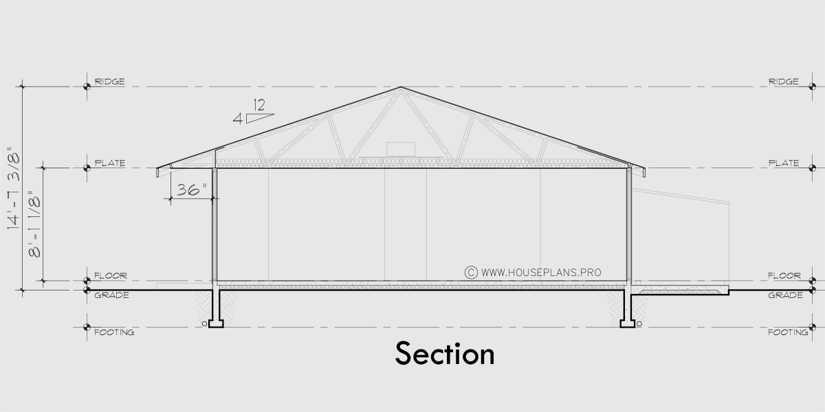 House rear elevation view for T-450 2 Bedroom, 1.5 bath, ranch, triplex 