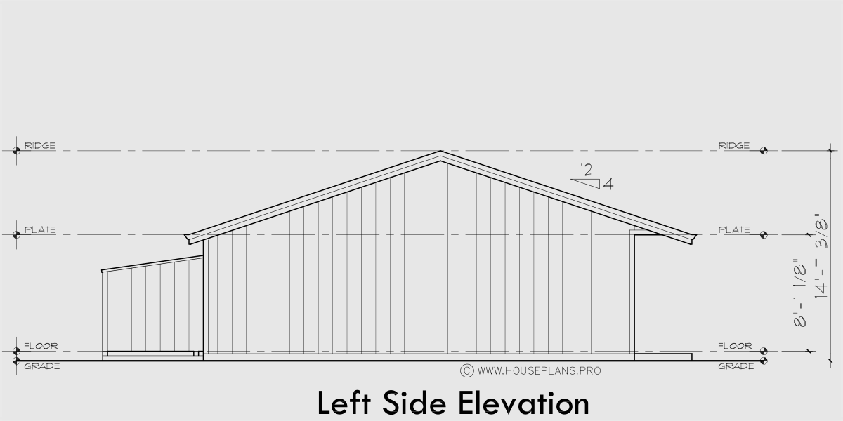 House rear elevation view for T-450 2 Bedroom, 1.5 bath, ranch, triplex 