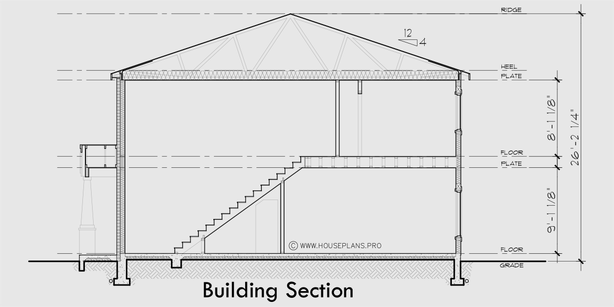 House rear elevation view for T-451 Triplex town house plan 3 bedroom 2.5 bath and garage