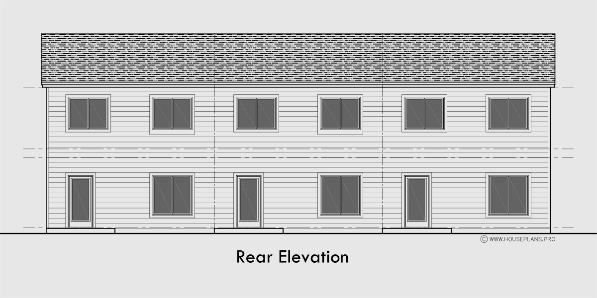 House side elevation view for T-451 Triplex town house plan 3 bedroom 2.5 bath and garage