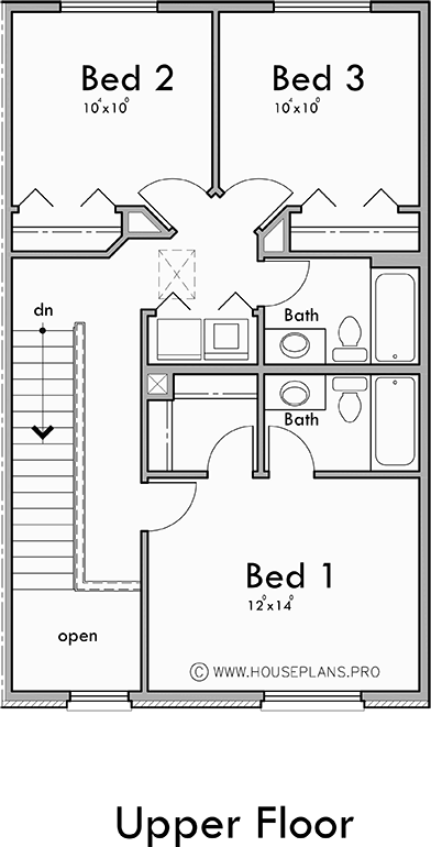 Upper Floor Plan for T-451 Invest in modern living with our triplex townhouse plans, complete with 3 bedrooms, 2.5 baths, and garages. Architectural excellence awaits. Join us in building the future of housing!