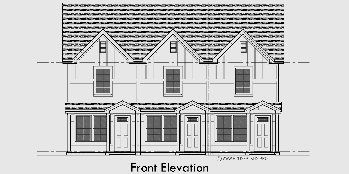 House front drawing elevation view for T-452 Narrow town house with TWO master bedrooms 2.5 baths