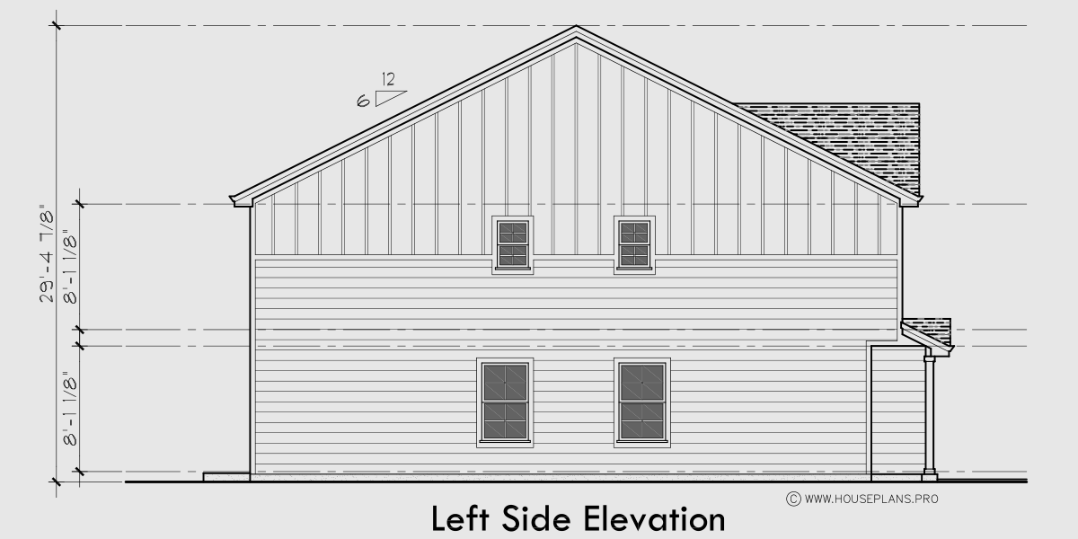 House rear elevation view for T-452 Narrow town house with TWO master bedrooms 2.5 baths