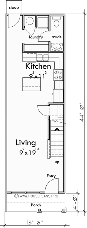 Main Floor Plan for T-452 Discover your perfect home with our narrow townhouse plans. Featuring TWO master bedrooms and 2.5 baths, envision your ideal living space today. Explore now! 