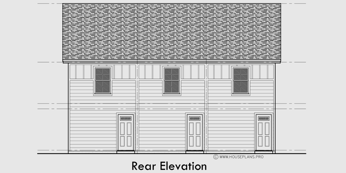 House side elevation view for T-452 Narrow town house with TWO master bedrooms 2.5 baths