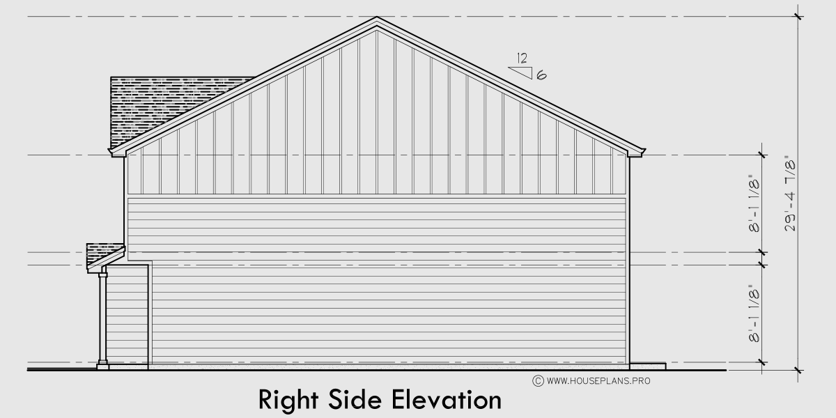 House rear elevation view for T-452 Narrow town house with TWO master bedrooms 2.5 baths