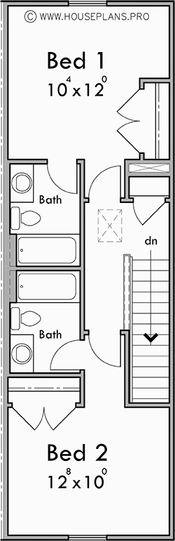 Upper Floor Plan for T-452 Discover your perfect home with our narrow townhouse plans. Featuring TWO master bedrooms and 2.5 baths, envision your ideal living space today. Explore now! 