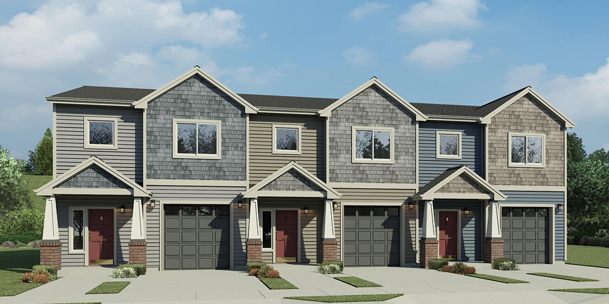 T-454 Triplex town house plan 3 bedroom 2 & half bath and garage T-454