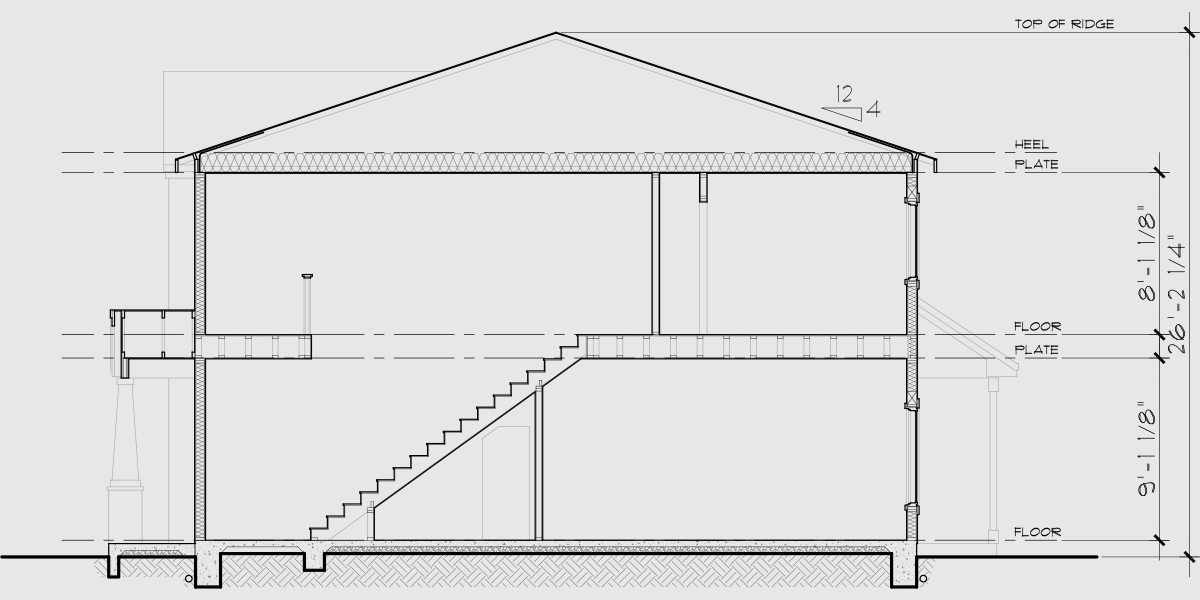 House rear elevation view for T-454 Triplex town house plan 3 bedroom 2 & half bath and garage T-454