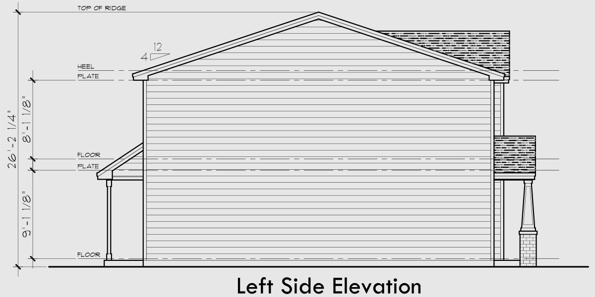 House rear elevation view for T-454 Triplex town house plan 3 bedroom 2 & half bath and garage T-454