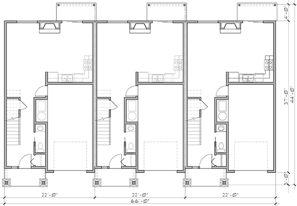 Main Floor Plan 2 for T-454 Triplex town house plan 3 bedroom 2 & half bath and garage T-454