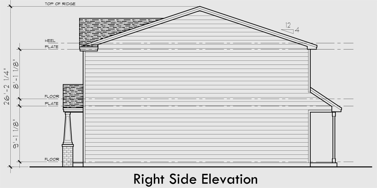 House rear elevation view for T-454 Triplex town house plan 3 bedroom 2 & half bath and garage T-454