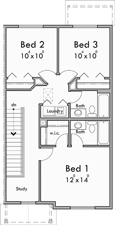 Upper Floor Plan for T-454 Triplex town house plan 3 bedroom 2 & half bath and garage T-454