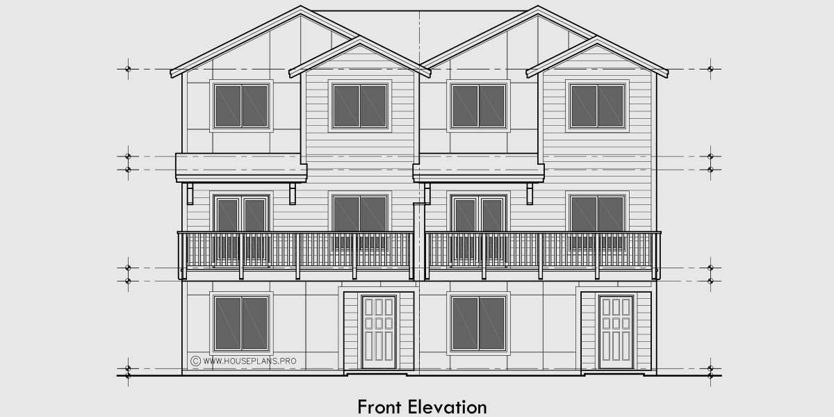 House front drawing elevation view for F-672 Stacked Four Plex House Plan 