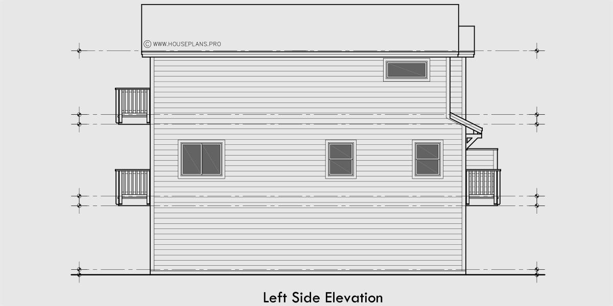 House side elevation view for F-672 Stacked Four Plex House Plan 