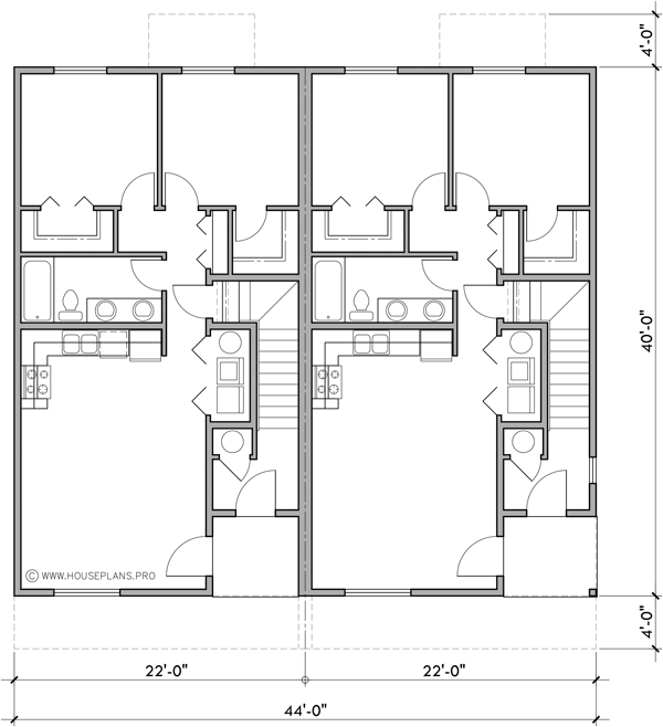 Lower Floor Plan 2 for Stacked Four Plex House Plan 