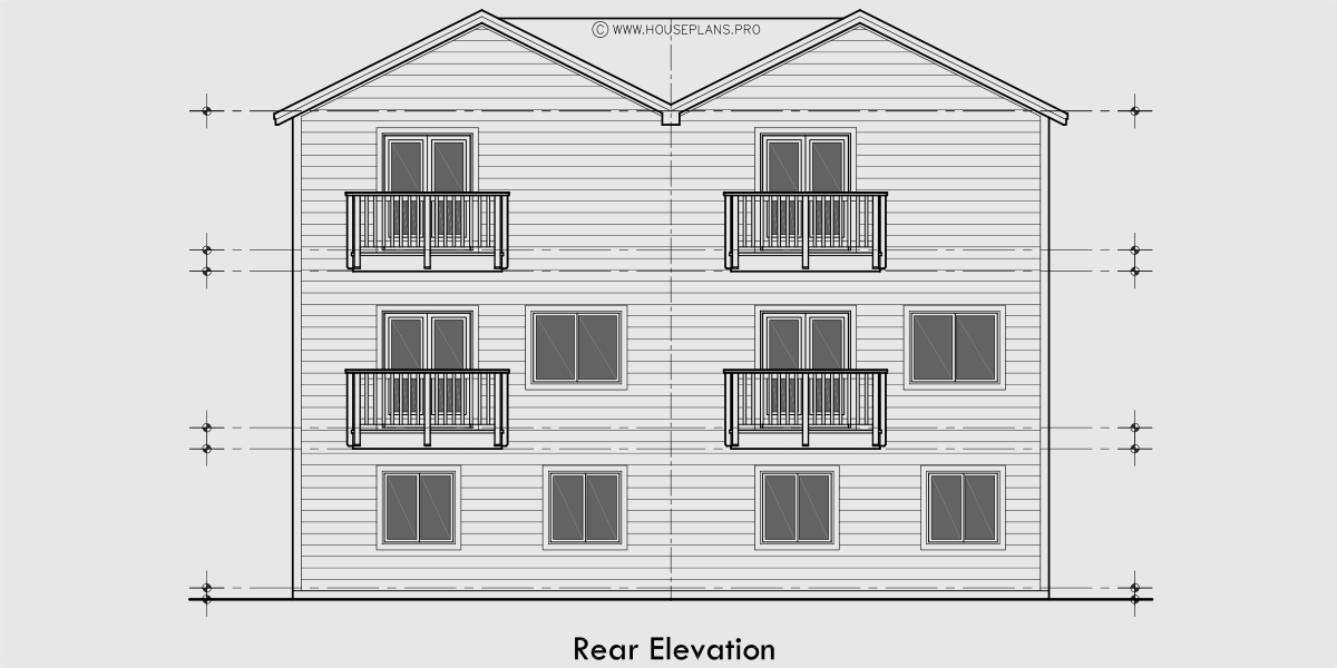 House rear elevation view for F-672 Stacked Four Plex House Plan 