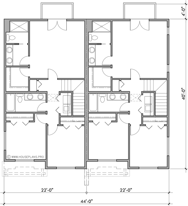 Upper Floor Plan 2 for Stacked Four Plex House Plan 